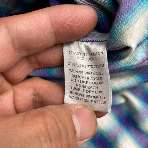 Roper Western Shirt Men Small Gray White Blue Purple Plaid Button Up Pearl Snap - Picture 9 of 13